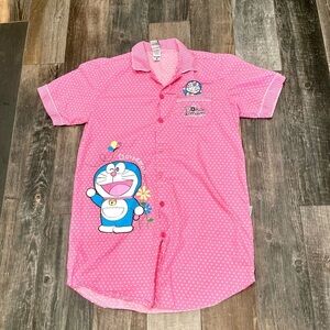 Doraemon Manga Anime Robotic Cat Shirt Sleep Wear Button Down Cool Planet Pink